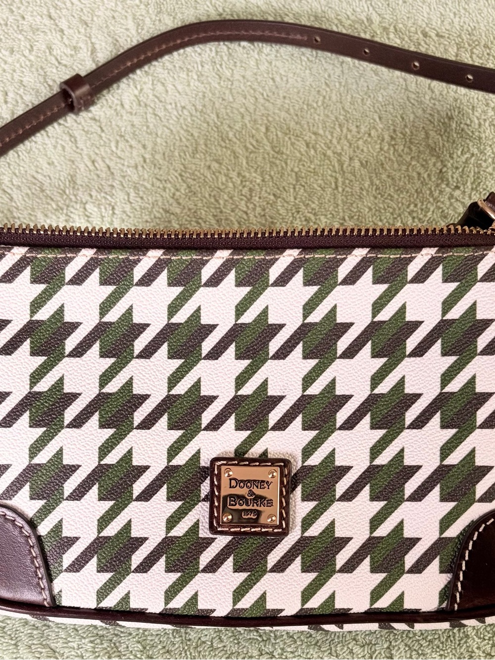 Dooney & Bourke Green and White Houndstooth Crossbody Bag